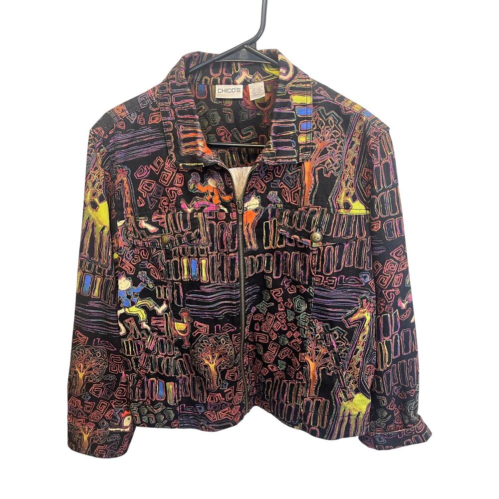 Vintage Chicos Safari African Inspired Bright Long Sleeve Collared Jacket Size 1